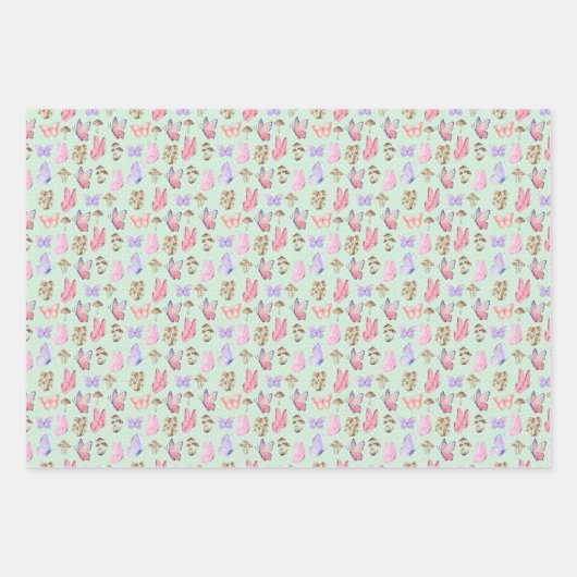Schmetterlinge und Pilze auf hellgrün Geschenkpapier Set (Vorderseite)