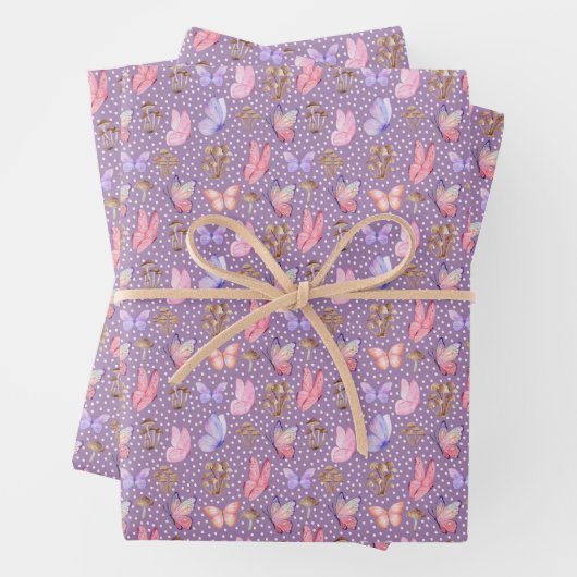 Schmetterlinge und Pilze auf Lila Geschenkpapier Set (Beispiel)