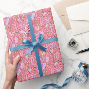 Schmetterlinge und Pilze auf rosa Rosa Geschenkpapier