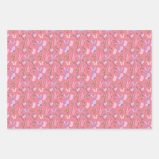 Schmetterlinge und Pilze auf rosa Rosa Geschenkpapier Set (Vorderseite)