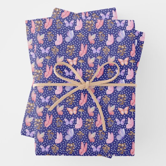 Schmetterlinge und Pilze auf Royal Blue Geschenkpapier Set (Beispiel)