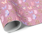 Schmetterlinge und Pilze auf violett rosa Geschenkpapier (Rolleneckpunkt)