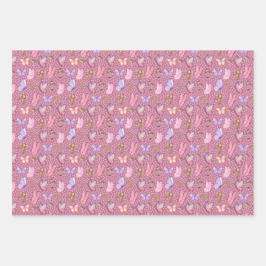 Schmetterlinge und Pilze auf violett rosa Geschenkpapier Set (Vorderseite)