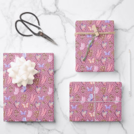 Schmetterlinge und Pilze auf violett rosa Geschenkpapier Set