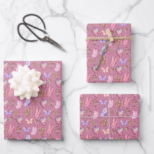 Schmetterlinge und Pilze auf violett rosa Geschenkpapier Set