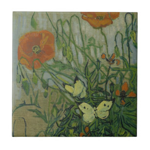 Schmetterlinge und Poppies von Vincent van Gogh Fliese