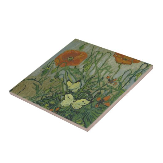 Schmetterlinge und Poppies von Vincent van Gogh Fliese (Seite)