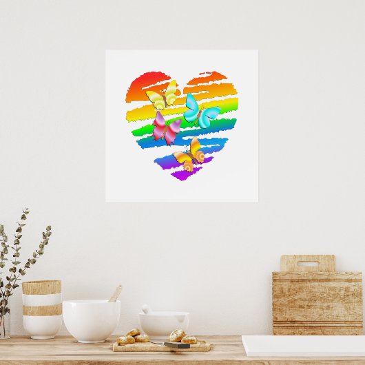 Schmetterlinge und Regenbogenherz Poster (Küche)
