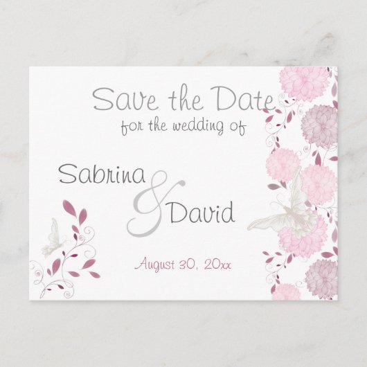 Schmetterlinge und rosa Chrysanthemum Save the Dat Ankündigungspostkarte (Vorderseite)