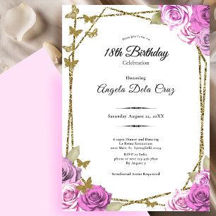Schmetterlinge und rosa Rosen 18. Debüt-Geburtstag Einladung