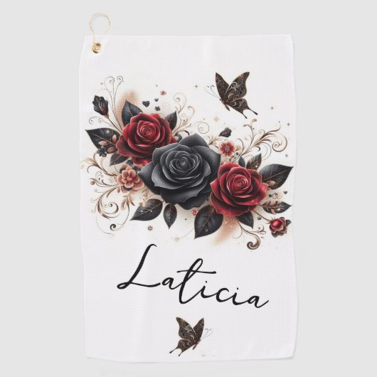 Schmetterlinge und Rose Golfhandtuch (Vorderseite)