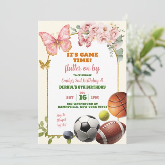 Schmetterlinge und Sportgelenk Geburtstag Einladung (Stehend Vorderseite)