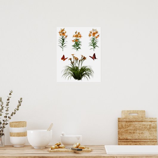 Schmetterlinge und Tiger Lilien Poster (Küche)