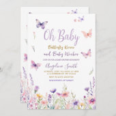 Schmetterlinge und violette Blumen Kinderdusche Einladung (Vorne/Hinten)