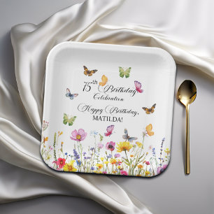 Schmetterlinge und Wildblumen Elegant 75. Geburtst Pappteller