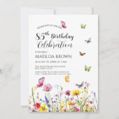Schmetterlinge und Wildblumen Elegant 85. Geburtst Einladung (Vorderseite)