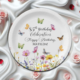 Schmetterlinge und Wildblumen Elegant 85. Geburtst Pappteller