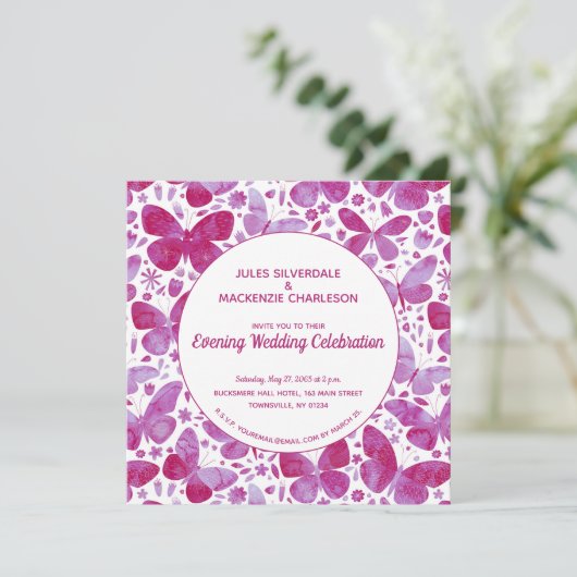 Schmetterlinge Wasserfarbe Magenta Rosa Abend Einladung (Stehend Vorderseite)