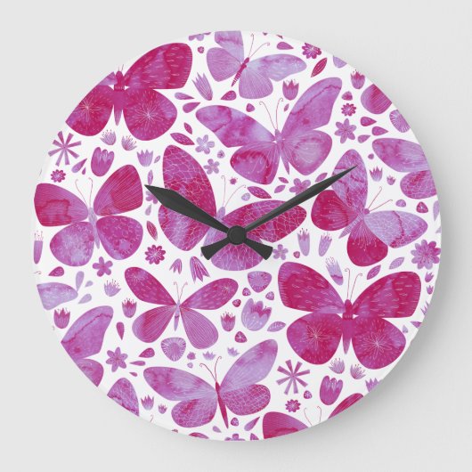 Schmetterlinge Wasserfarbe Magenta Rosa Große Wanduhr (Vorderseite)