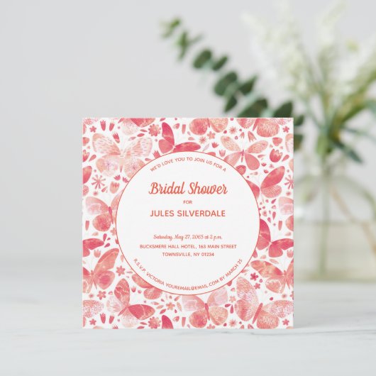 Schmetterlinge Wasserfarben Korallenrosa Brautpart Einladung (Stehend Vorderseite)