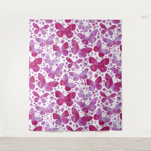 Schmetterlinge Wasserfarben-Muster rosa Wandteppich (Vorderseite)