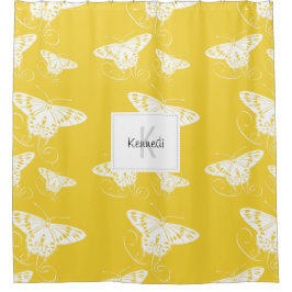 Schmetterlinge weiß auf gelbem Muster mit Namen Duschvorhang