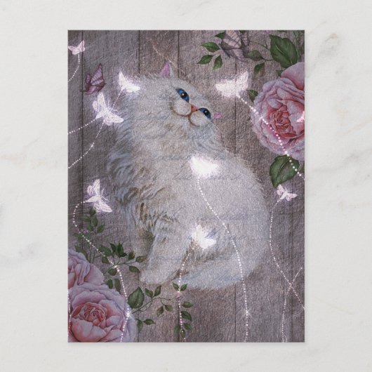 Schmetterlinge Weiße Kitty Cat Floral Postkarte (Vorderseite)