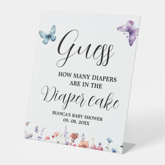 Schmetterlinge Windelkuchen mit Baby Shower Game Sockelschild (Vorderseite)