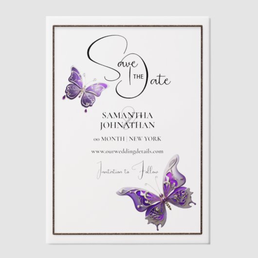 SchmetterlingJuwel lila Silber Save the Date Pergament Einladungen (Vorderseite)