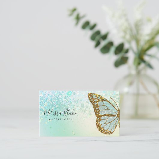 Schmetterlinglogo auf Imitat-Minze-Glitzer-Design Visitenkarte (Stehend Vorderseite)