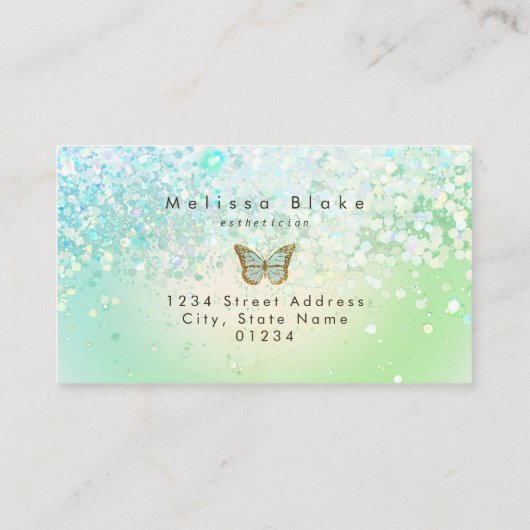 Schmetterlinglogo auf Imitat-Minze-Glitzer-Design Visitenkarte (Rückseite)