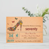 Schmetterlings-Absatz-70. Geburtstag laden ein Einladung (Stehend Vorderseite)