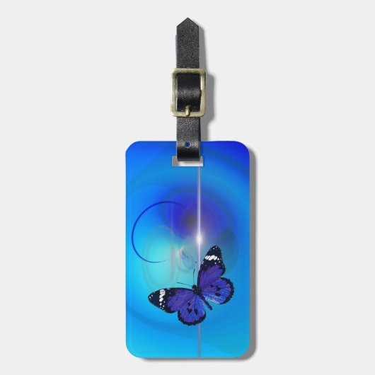 Schmetterlings-blauer Gepäckanhänger mit Lederband (Vorderseite vertikal)
