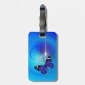 Schmetterlings-blauer Gepäckanhänger mit Lederband (Rückseite vertikal)