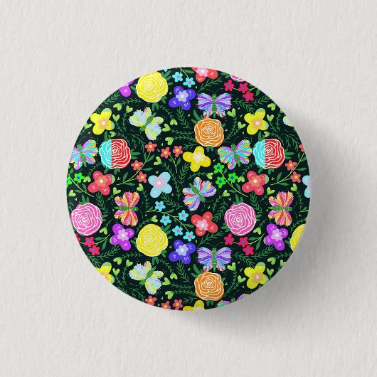 Schmetterlings-Blumen-Regenbogen Button (Vorderseite)