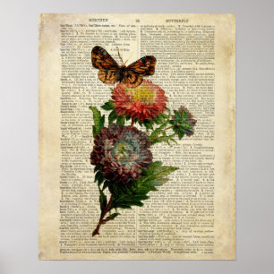 Schmetterlings-Blumenkunst auf einer alten Wörterb Poster