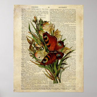 Schmetterlings-Blumenkunst auf einer alten Wörterb Poster