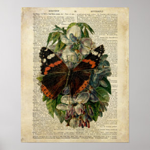 Schmetterlings-Blumenkunst auf einer alten Wörterb Poster