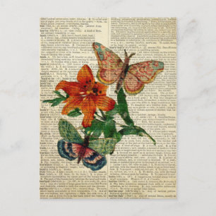 Schmetterlings-Blumenkunst auf einer alten Wörterb Postkarte
