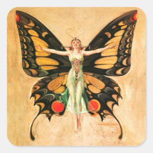 Schmetterlings-Frauen-Illustration von Leyendecker Quadratischer Aufkleber