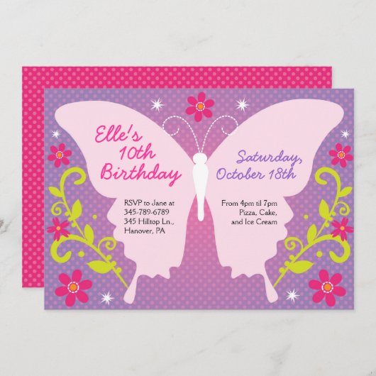 Schmetterlings-Geburtstags-Party Einladungen (Vorne/Hinten)