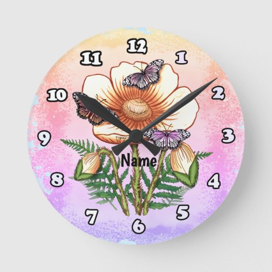 Schmetterlings-Gelber Mohn Runde Wanduhr (Vorderseite)