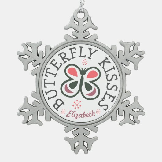 Schmetterlings-Kuss-moderner rosa u. lila Schneeflocken Zinn-Ornament (Vorderseite)