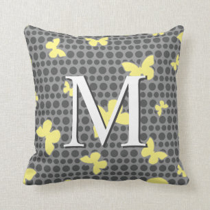Schmetterlings-Monogramm-Muster-Pillen-Grau + Gelb Kissen