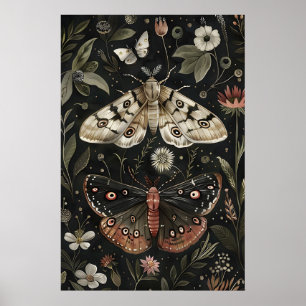 Schmetterlings-Motten-Druck, Dunkle Florale Botani Poster