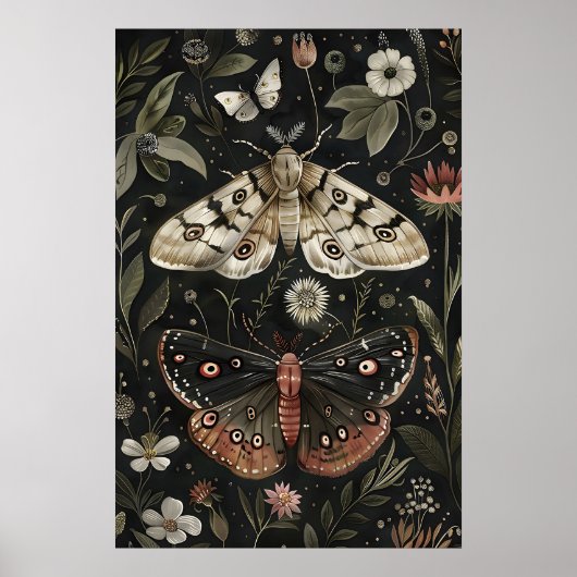 Schmetterlings-Motten-Druck, Dunkle Florale Botani Poster (Vorne)
