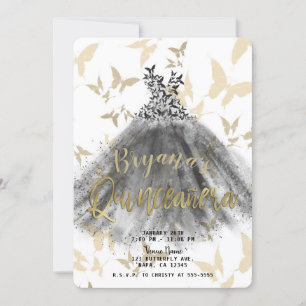 Schmetterlings-Tanzkleid Schwarz & Gold Quinceañer Einladung