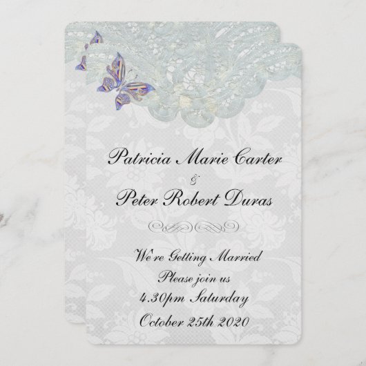 Schmetterlings-u. Spitze-Hochzeits-Einladung Einladung (Vorne/Hinten)