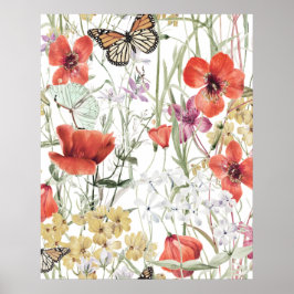 Schmetterlings- und Blumenmuster, botanisches Desi Poster