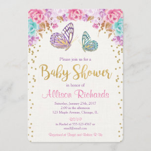 Schmetterlingsbabydusche, rosa lila Goldmädchen Einladung